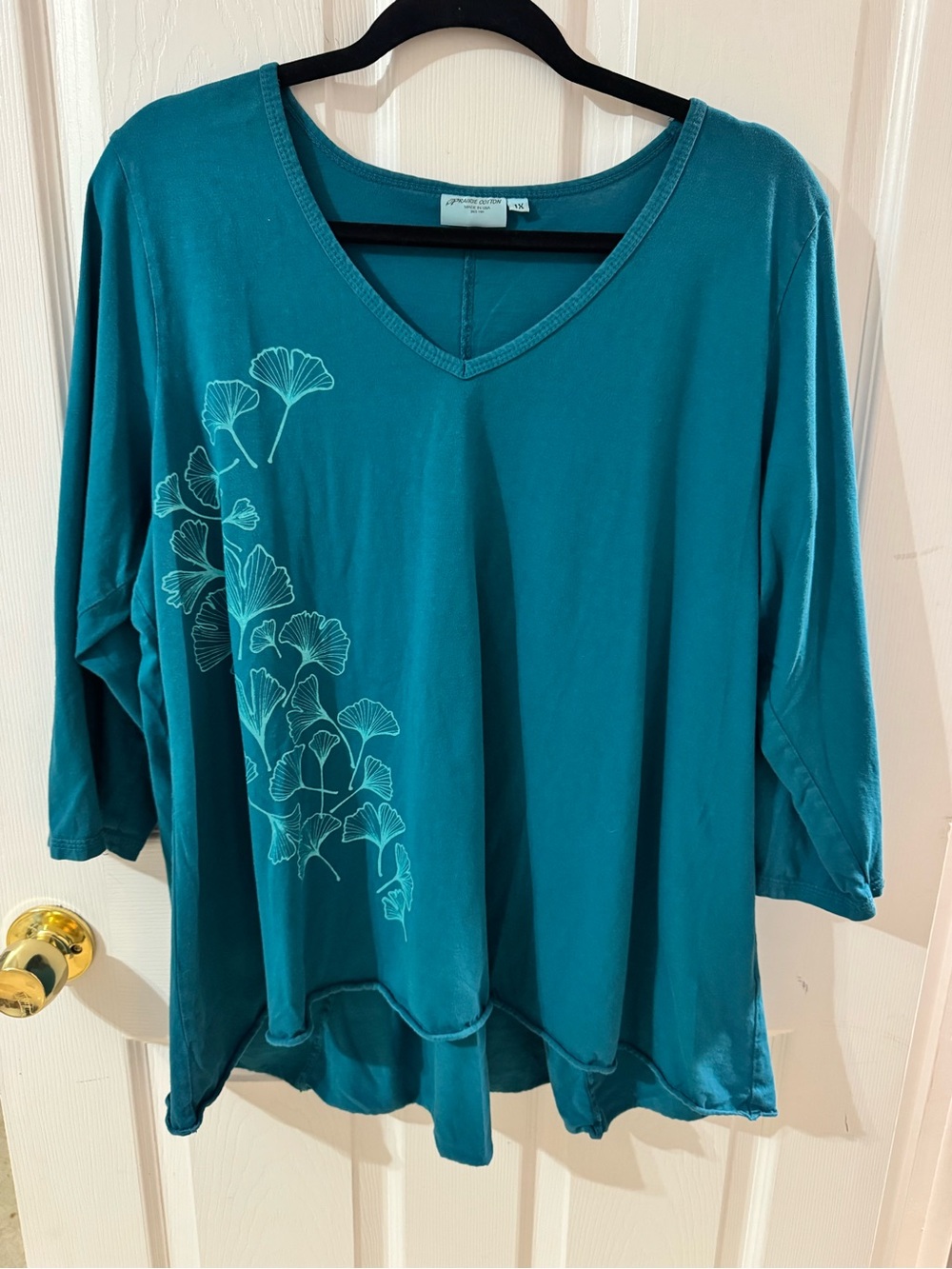 Prairie Cotton Teal Ginkgo Botanical Graphic Top Boho Lagenlook Artsy 1X